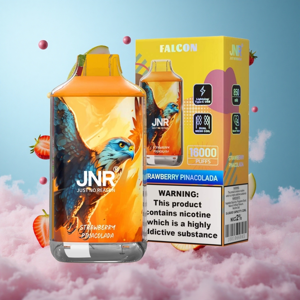 JNR Falcon 16000 Puffs 22ml Dual Mesh Strawberry Pina Colada LED Type C 0% 2% Nicotine