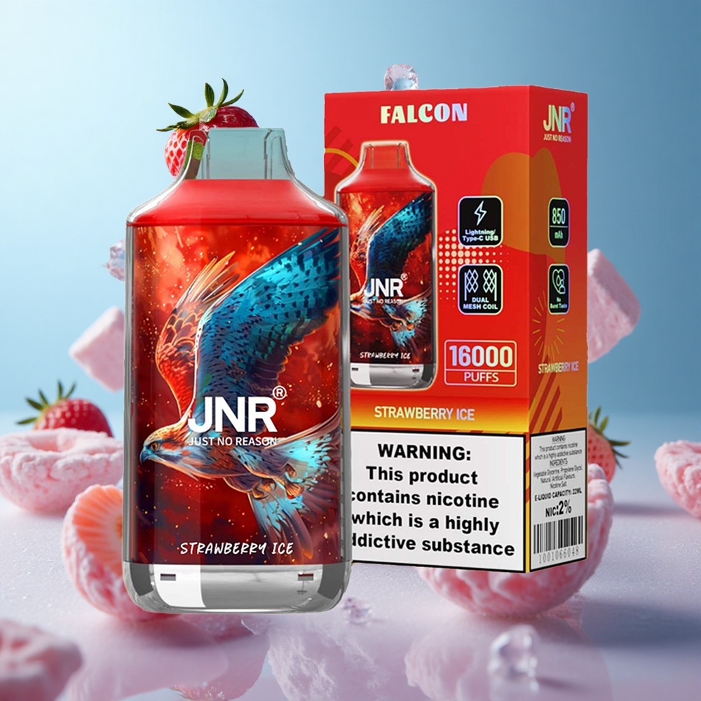 JNR Falcon 16000 Puffs 22ml Strawberry Ice Dual Mesh 850mAh Type C LED 0% 2% Nicotine
