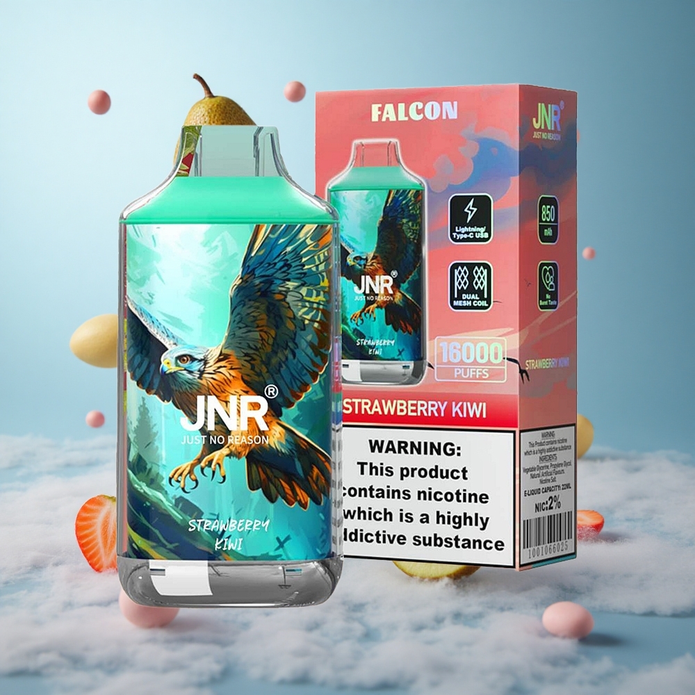 JNR Falcon 16000 Puffs 22ml Strawberry Kiwi 850mAh Dual Mesh Coil Type C LED 0% 2% Nicotine