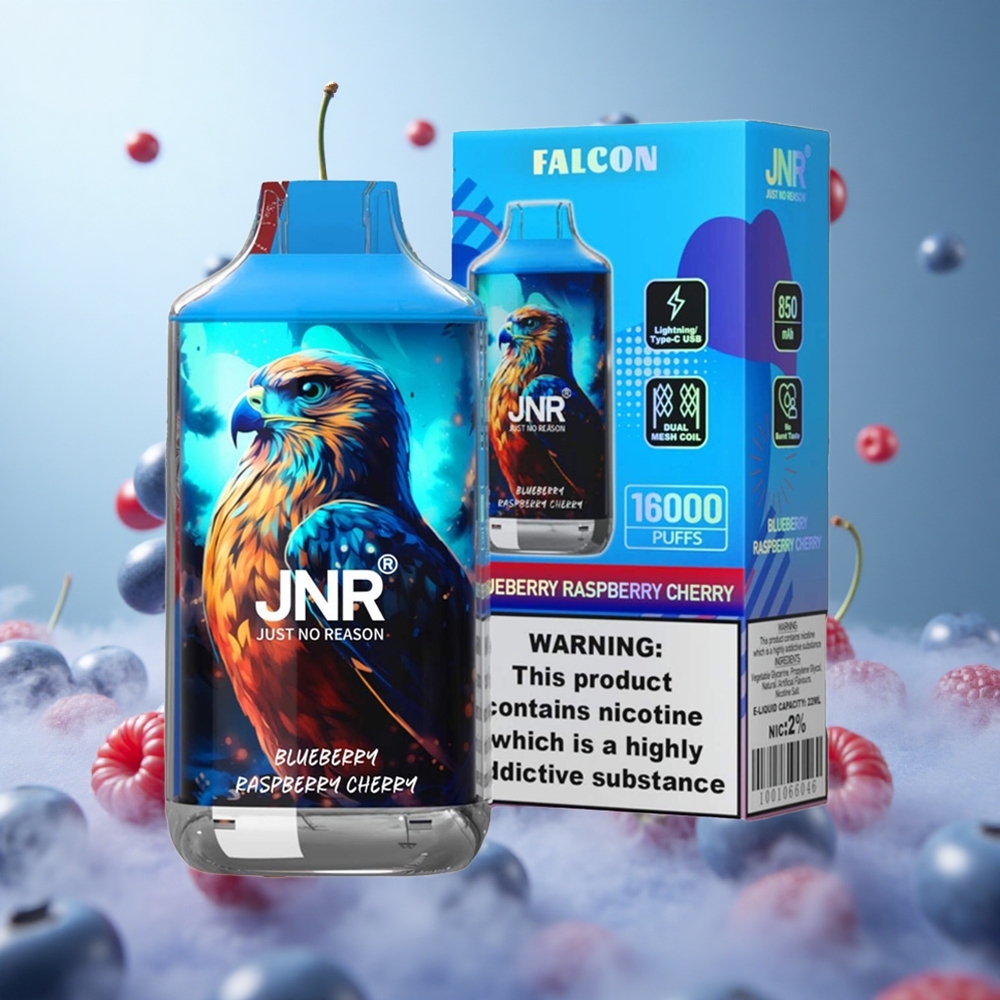 JNR Falcon 16000 Puffs Blueberry Raspberry Cherry 850mAh 22ml Dual Mesh Coil Type C LED 0% 2% Nicotine Nicotine