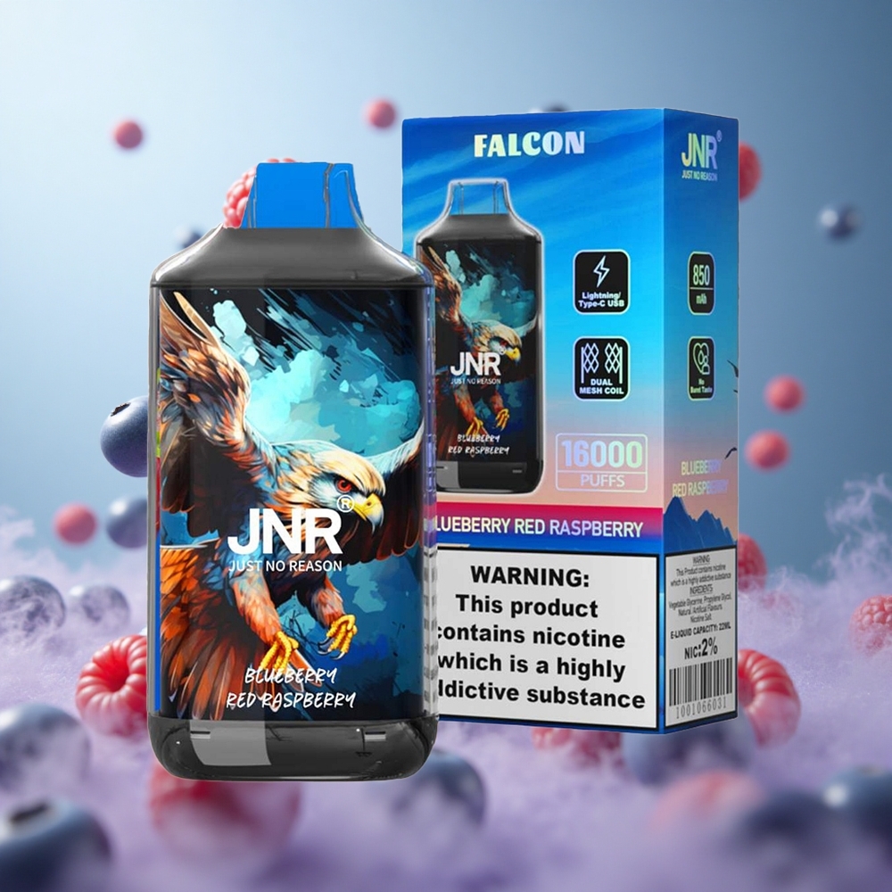 JNR Falcon 16000 Puffs Blueberry Red Raspberry 850mAh 22ml Dual Mesh Coil Type C LED Display 0% 2% Nicotine Nicotine