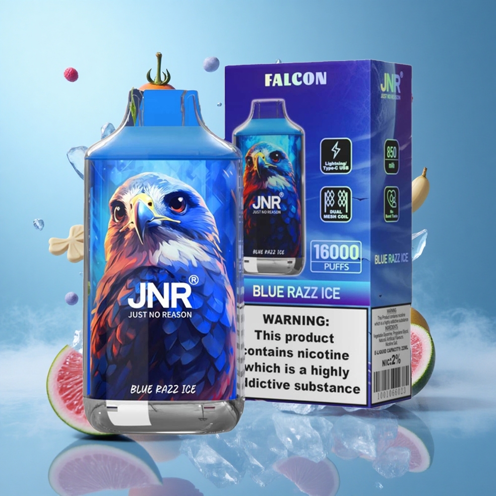 JNR Falcon 16000 Puffs Dual Mesh 22ml Blue Razz Ice Type C LED 0% 2% Nicotine Nicotine