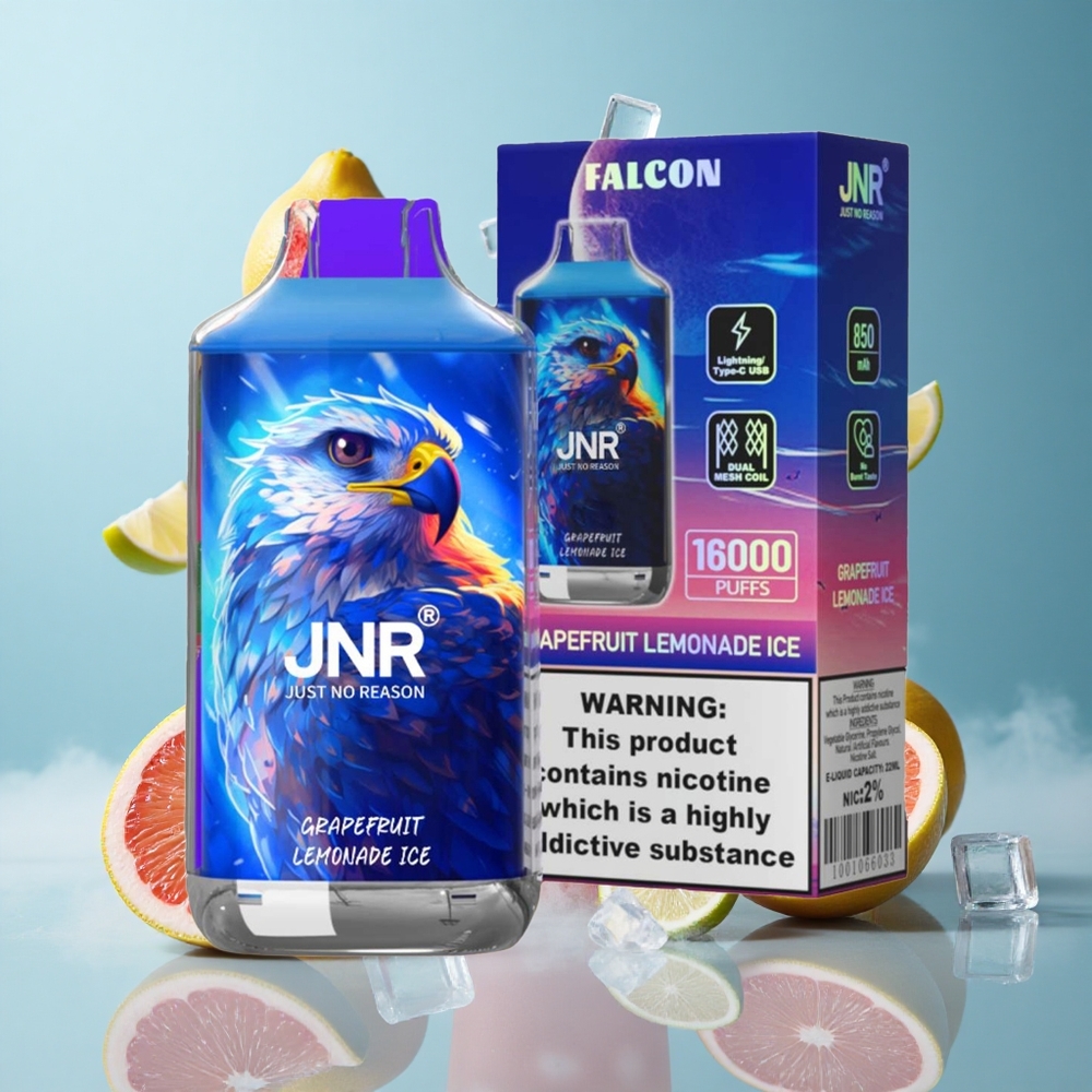 JNR Falcon 16000 Puffs Grapefruit Lemonade Ice Dual Mesh Coil Smart LED Display Type C & Lightning 850mAh 22ml 0% 2% Nicotine