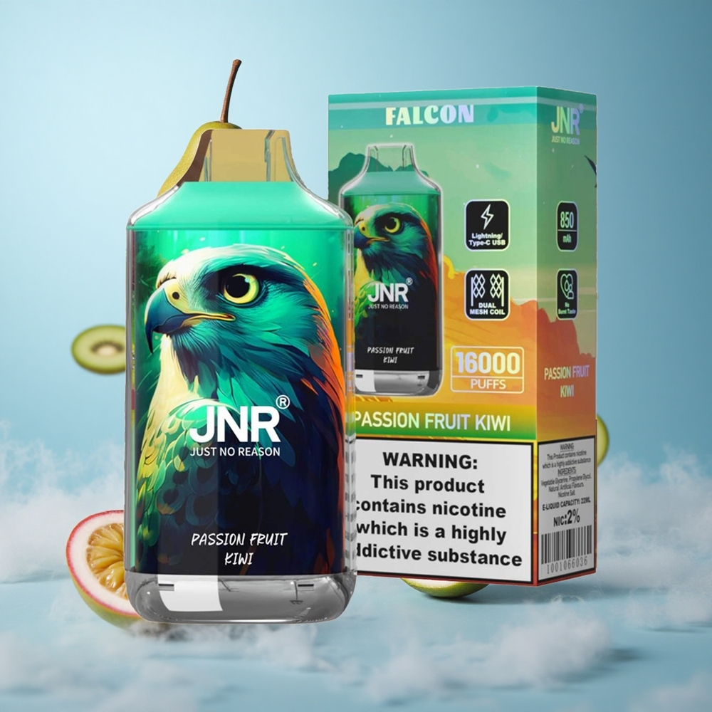JNR Falcon 16000 Puffs Passion Fruit Kiwi 850mAh 22ml Dual Mesh Type C LED 0% 2% Nicotine