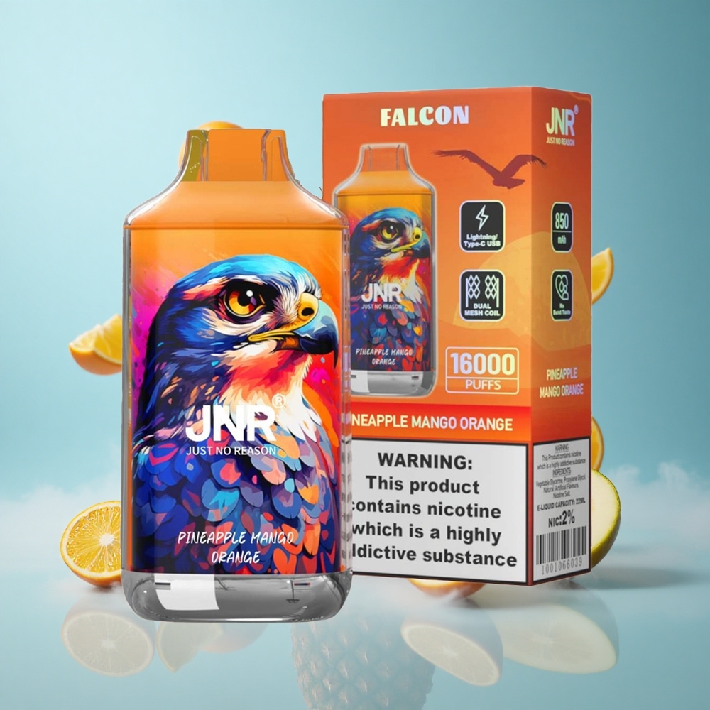 JNR Falcon 16000 Puffs Pineapple Mango Orange 850mAh 22ml Dual Mesh Coil Type C & Lightning Smart LED Display 0% 2% Nicotine