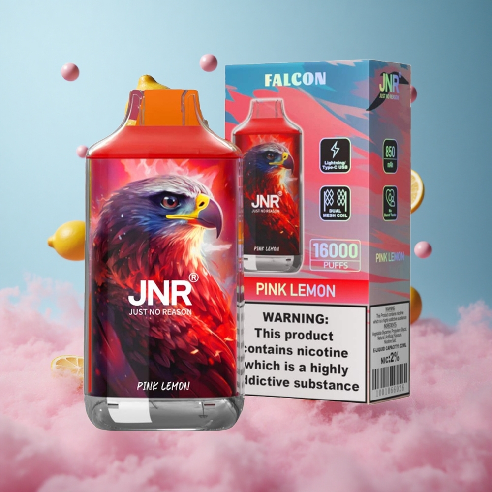 JNR Falcon 16000 Puffs Pink Lemon Dual Mesh Coil 850mAh 22ml Smart LED Display Type C & Lightning 0% 2% Nicotine