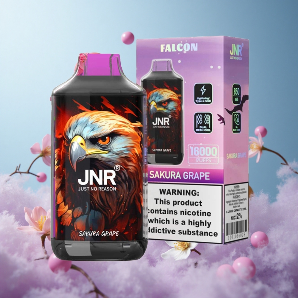 JNR Falcon 16000 Puffs Sakura Grape 850mAh 22ml Dual Mesh Type C LED 0% 2% Nicotine