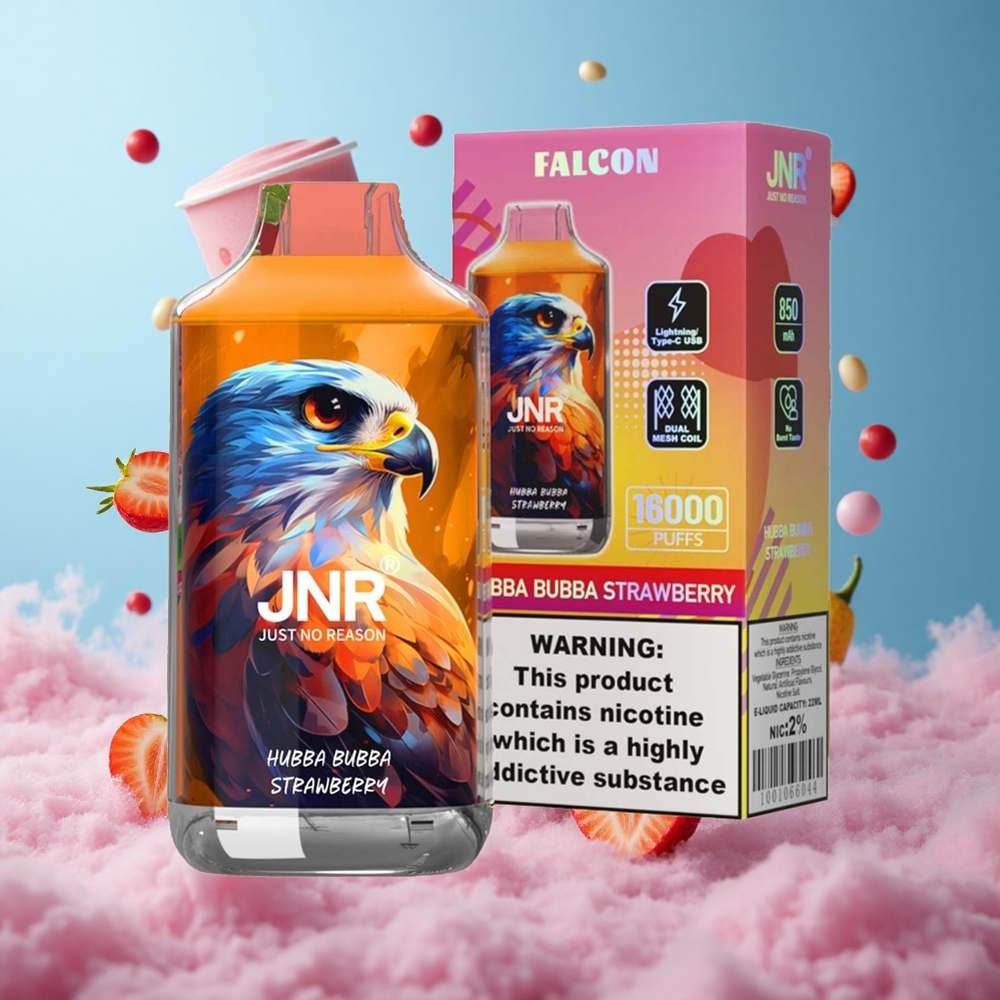 JNR Falcon 16000 Puffs Strawberry 22ml 850mAh Dual Mesh Type C LED 0% 2% Nicotine