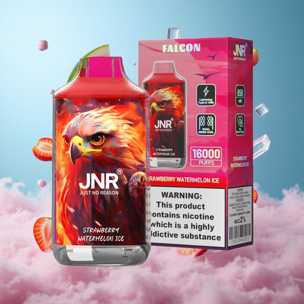 JNR Falcon 16000 Puffs Strawberry Watermelon Ice 850mAh 22ml Dual Mesh Type C LED 0% 2% Nicotine