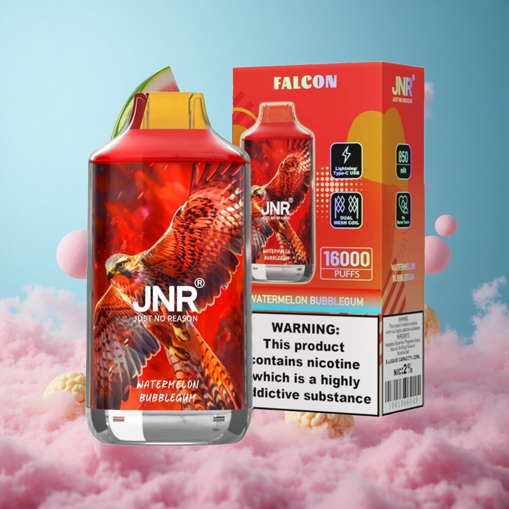 JNR Falcon 16000 Puffs Watermelon Bubblegum 850mAh 22ml Dual Mesh Coil Type C LED 0% 2% Nicotine