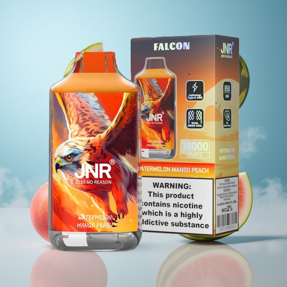 JNR Falcon 16000 Puffs Watermelon Mango Peach 850mAh 22ml Dual Mesh Type C LED 0% 2% Nicotine