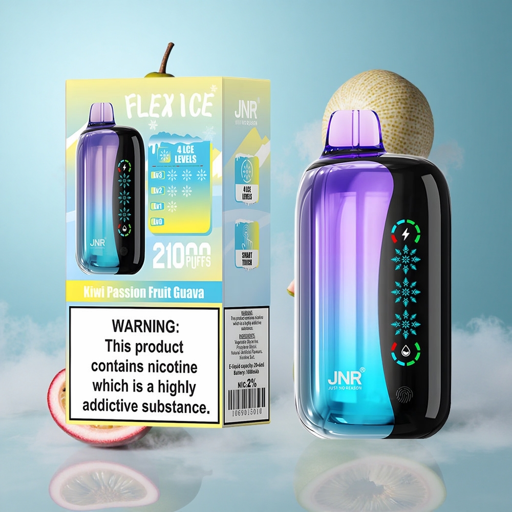 JNR Flex Ice 21000 Puffs Kiwi Passion Fruit Guava 26ml 1.2 Ohm Dual Mesh 1000mAh Type-C Ice Adjustable Customizable Airflow Touch Screen