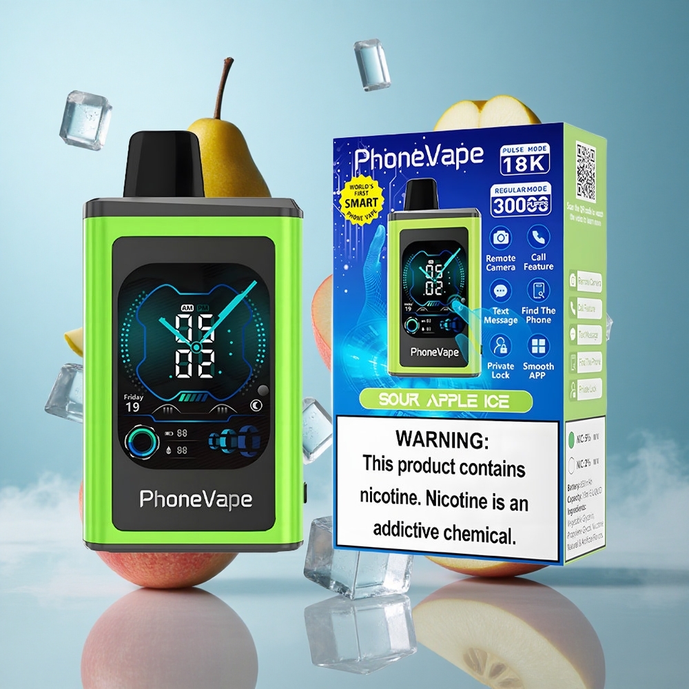 JNR PhoneVape 30000 Puffs Disposable Sour Apple Ice 850mAh Type-C Rechargeable Turbo Mode Adjustable Airflow Full Display Screen