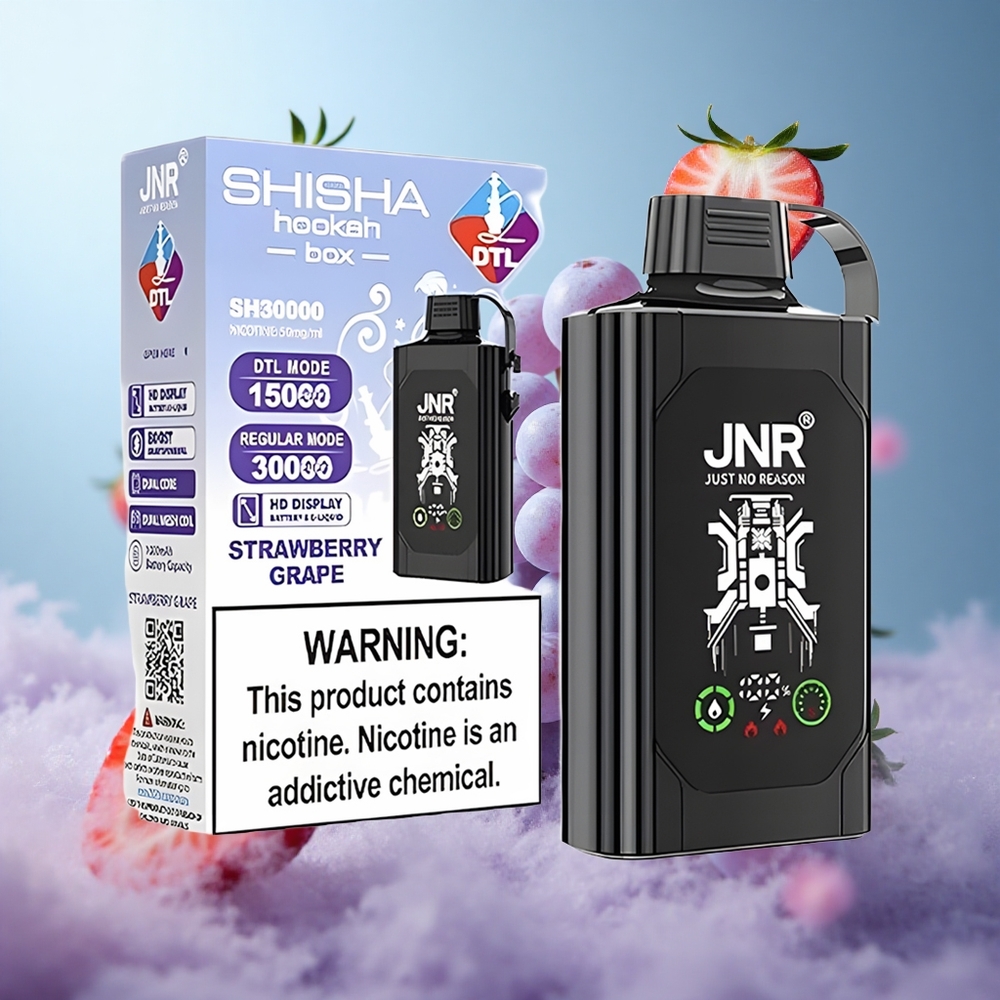 JNR Shisha Hookah Box 20500 Puffs Strawberry Grape HD Display 1000mAh Type-C Quick Charge Dual Mesh Coil & Dual Core 0%/2%/5% Nicotine