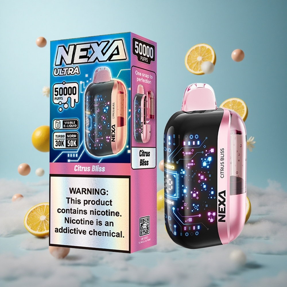 NEXA Ultra 50000 Puffs Disposable Vape 20ml Citrus Bliss 800mah 5% Nicotine Dual Mesh 3d Curved Screen Type-c