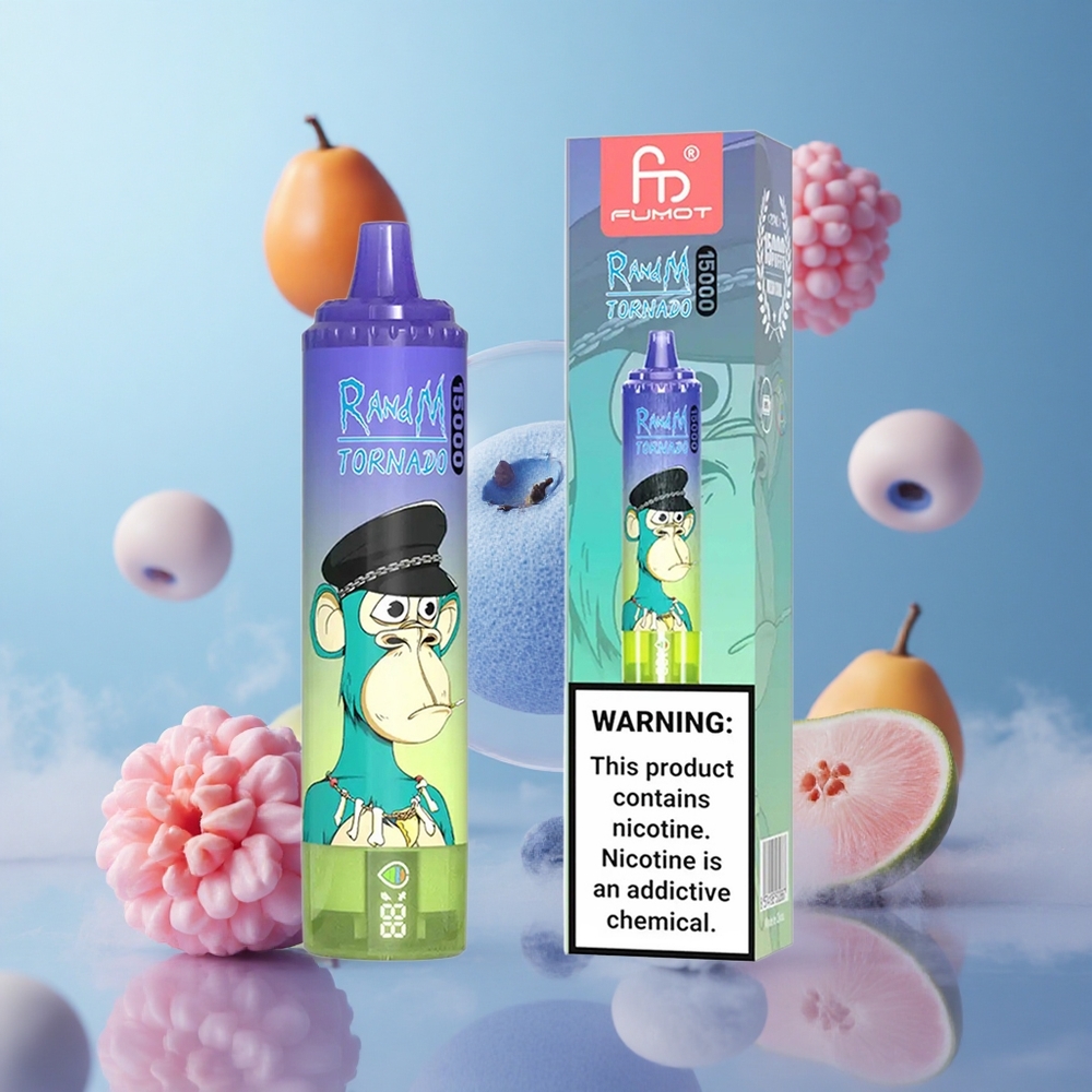 RandM Fumot Tornado 15000 Puffs 25ml 850mAh Blueberry Bubble Gum Mesh Coil USB-C LCD
