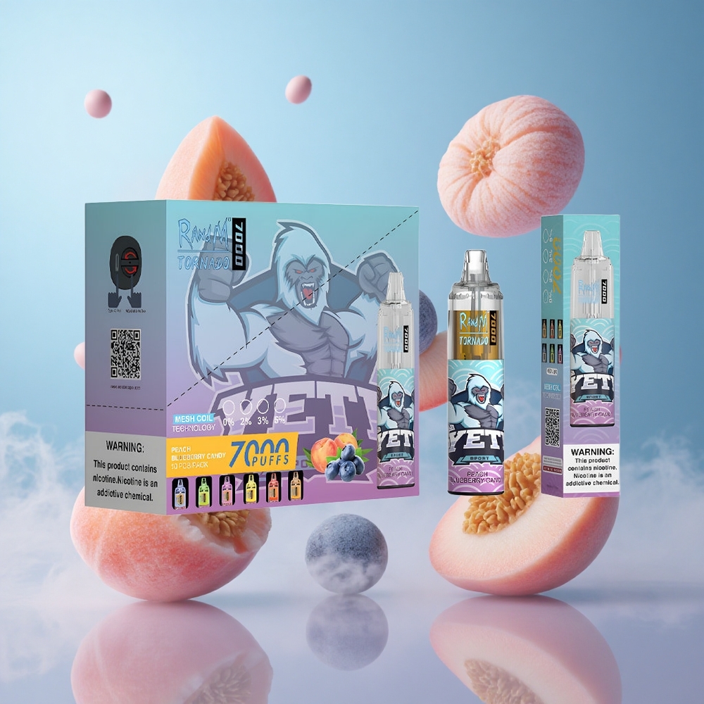 RandM Fumot Tornado 7000 Puffs Peach Blueberry Candy Disposable Vape Mesh Coil RGB Light Air-Adjustable