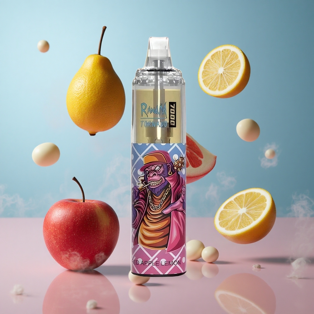 RandM Fumot Tornado 7000 Puffs Red Apple Lemon Disposable Vape 14ML Mesh Coil RGB Air-Adjustable