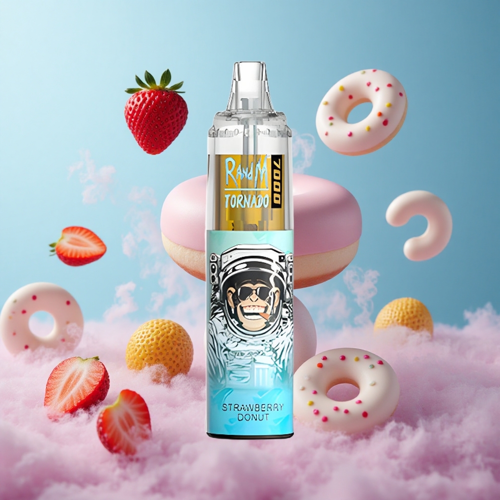 RandM Fumot Tornado 7000 Puffs Strawberry Donut Disposable Vape 14ML Mesh Coil RGB Type-C Air-Adjustable