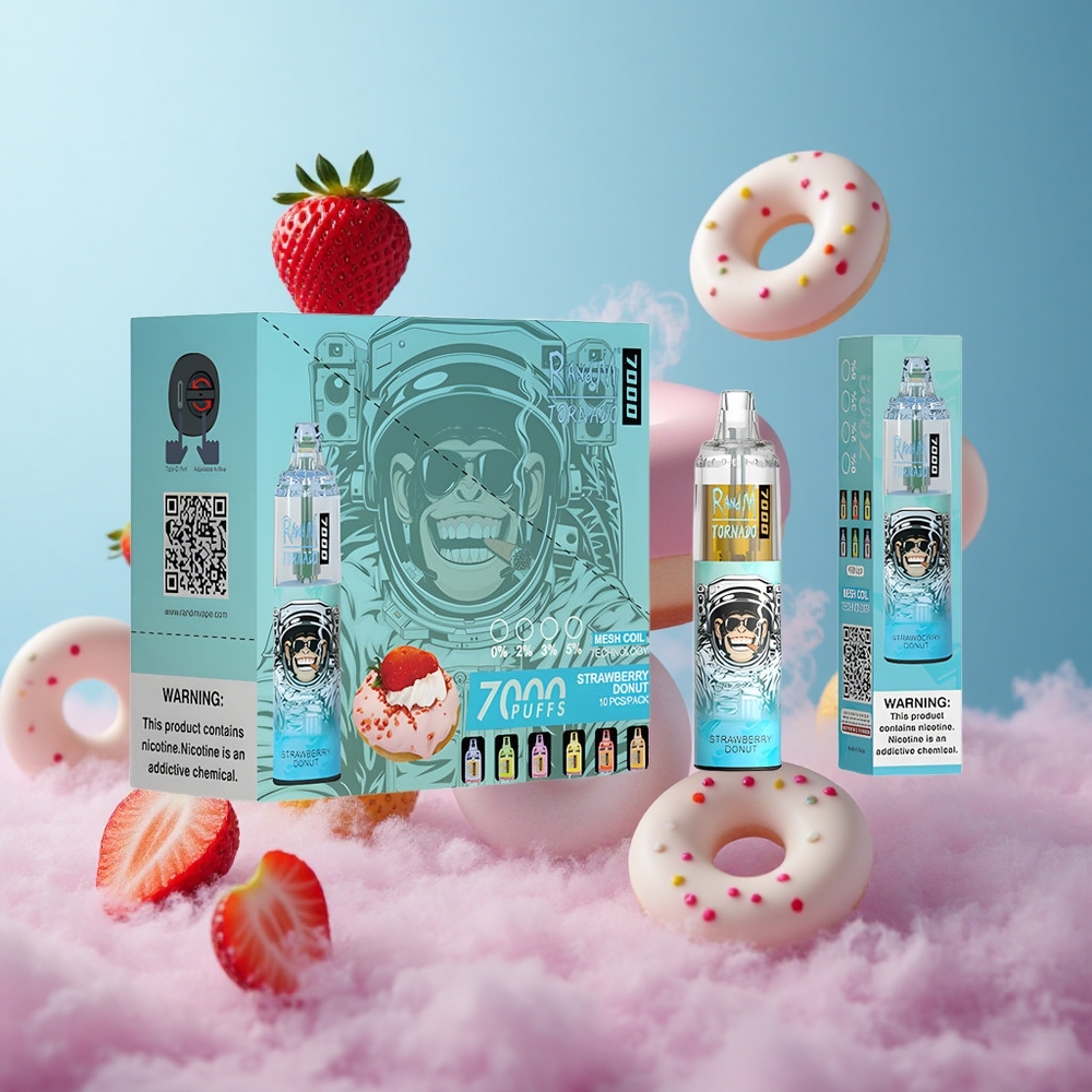 RandM Fumot Tornado 7000 Puffs Strawberry Donut Disposable Vape 14ML Mesh Coil RGB Type-C Air-Adjustable