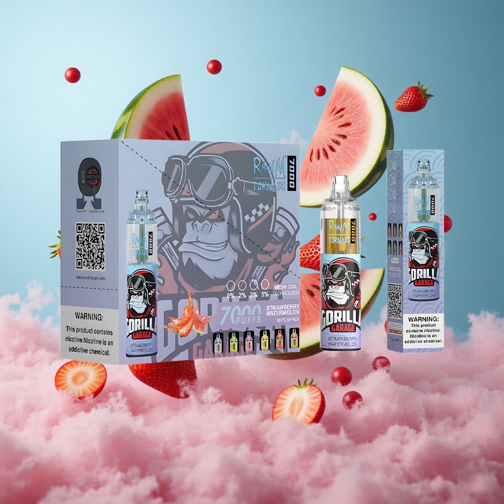 RandM Fumot Tornado 7000 Puffs Strawberry Watermelon Disposable Vape 14ML Mesh Coil RGB Air-Adjustable