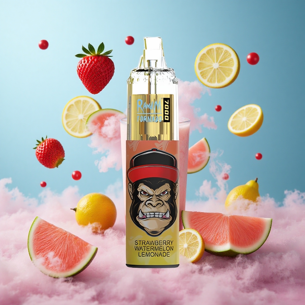 RandM Fumot Tornado 7000 Puffs Strawberry Watermelon Lemonade Disposable Vape Mesh Coil Type-C RGB Air-Adjustable