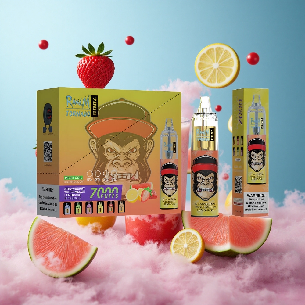 RandM Fumot Tornado 7000 Puffs Strawberry Watermelon Lemonade Disposable Vape Mesh Coil Type-C RGB Air-Adjustable
