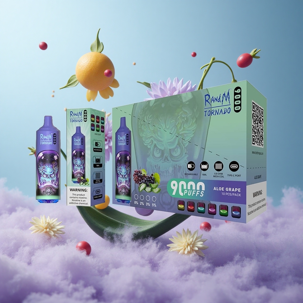 RandM Fumot Tornado 9000 Aloe Grape Disposable Vape 850mAh 18mL Mesh RGB 54 Flavors