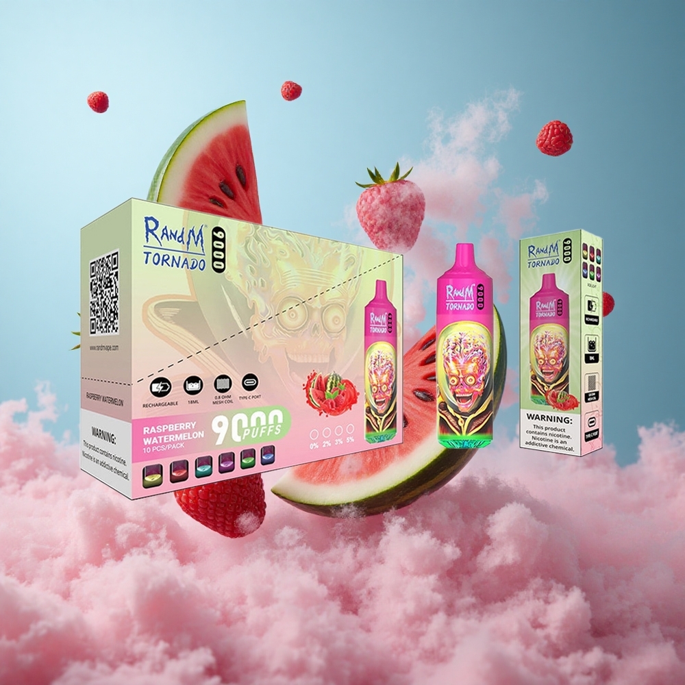 RandM Fumot Tornado 9000 Puffs 18mL Mesh Coil Raspberry Watermelon Rechargeable RGB Display