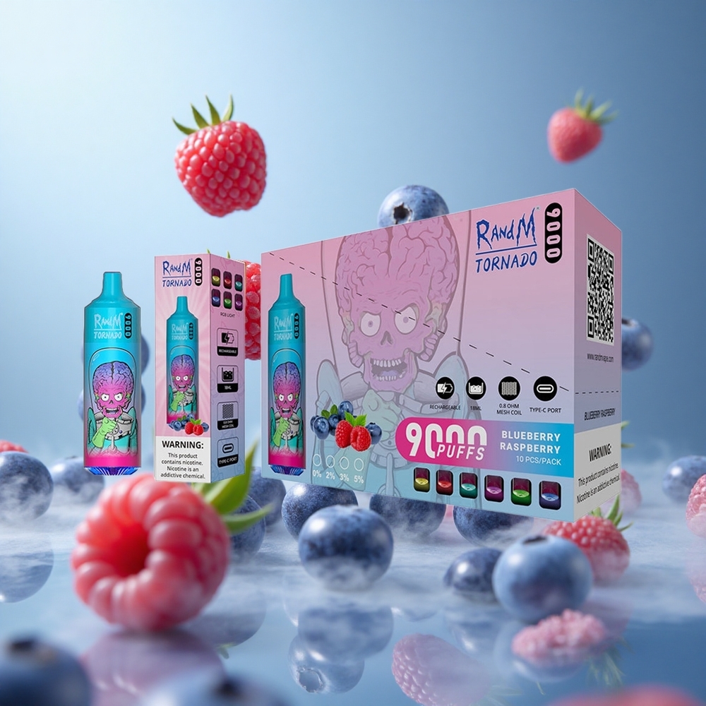 RandM Fumot Tornado 9000 Puffs Blueberry Raspberry 850mAh 18mL Mesh RGB 54 Flavors