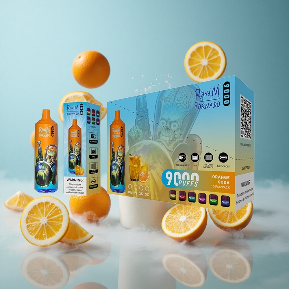 RandM Fumot Tornado 9000 Puffs Disposable Vape Orange Soda 18mL Mesh Coil RGB Display 54 Flavors