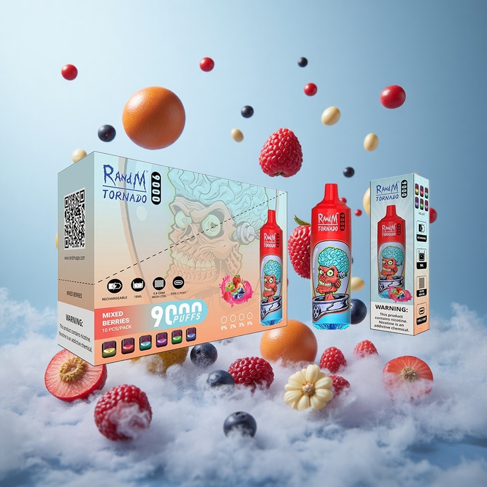 RandM Fumot Tornado 9000 Puffs Mixed Berries 850mAh 18mL Mesh Coil RGB Display 54 Flavors