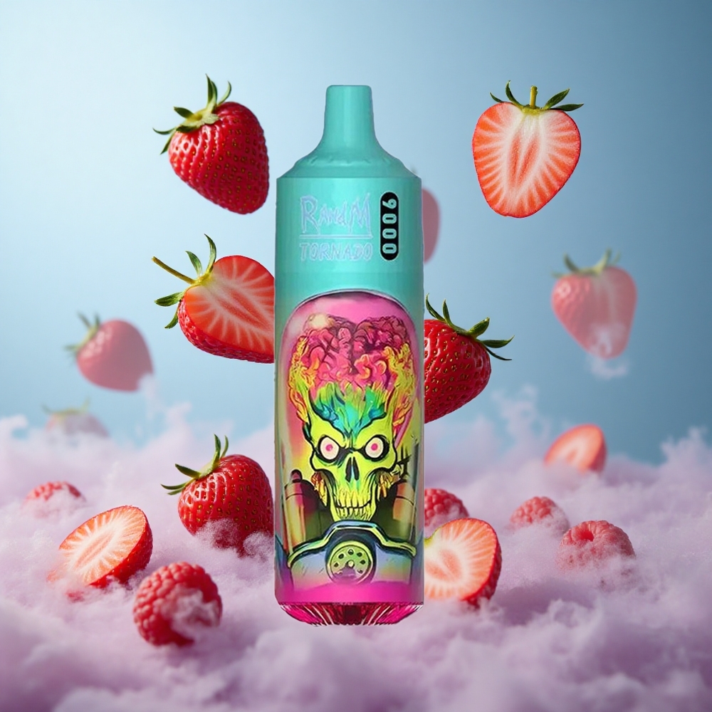 RandM Fumot Tornado 9000 Puffs Strawberry Raspberry Disposable Vape 18mL Mesh Coil RGB Display