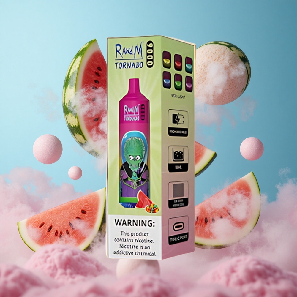 RandM Fumot Tornado 9000 Puffs Watermelon Bubble Gum 18mL Mesh Coil RGB Display