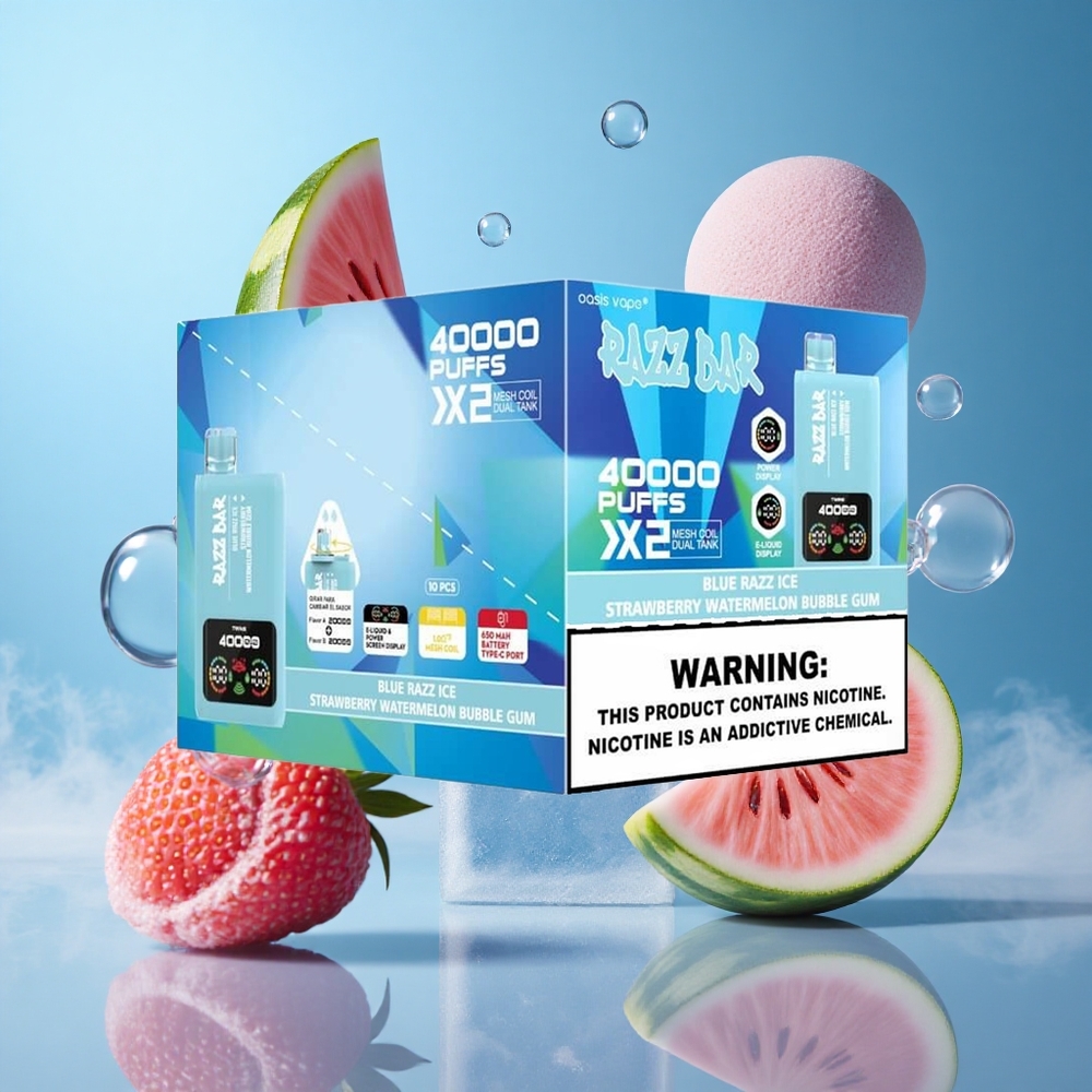 Razz Bar 40000 Puffs Disposable Vape 1.0 Ohm Mesh Coil 650mAh Blue Razz Ice-Strawberry Watermelon Bubble Gum