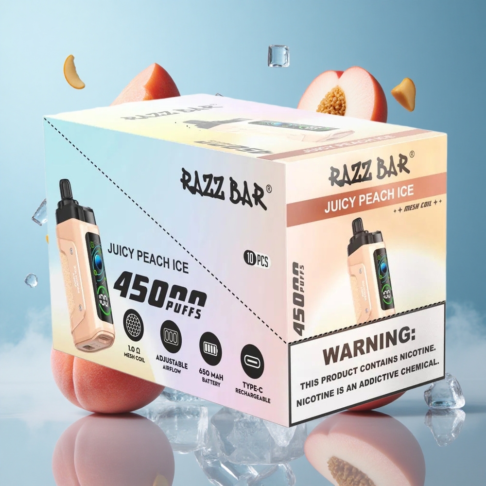Razz Bar 45000 Puffs 1.0Ohm Mesh Adjustable Airflow Juicy Peach Ice Disposable Vape
