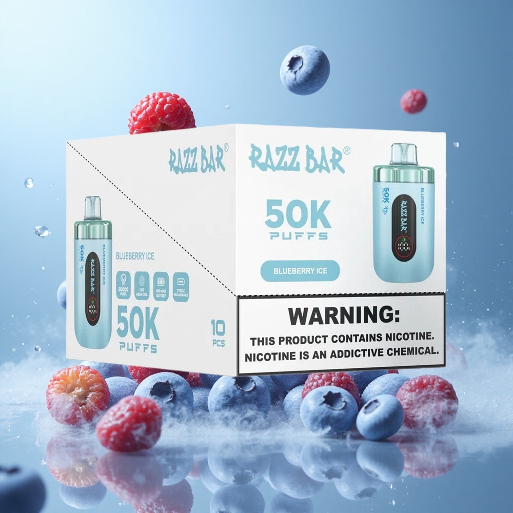 Razz Bar 50K 50000 Puffs Disposable Vape Blueberry Ice 1.0 Ohm Mesh 650mAh Type-C 2% Nicotine