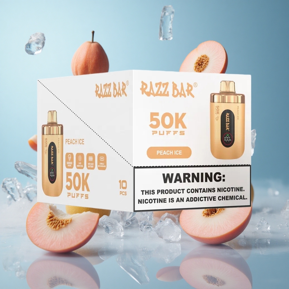 Razz Bar 50K 50000 Puffs Peach Ice 1.0 Ohm Mesh 650mAh Type-C 2% Nicotine Disposable Vape