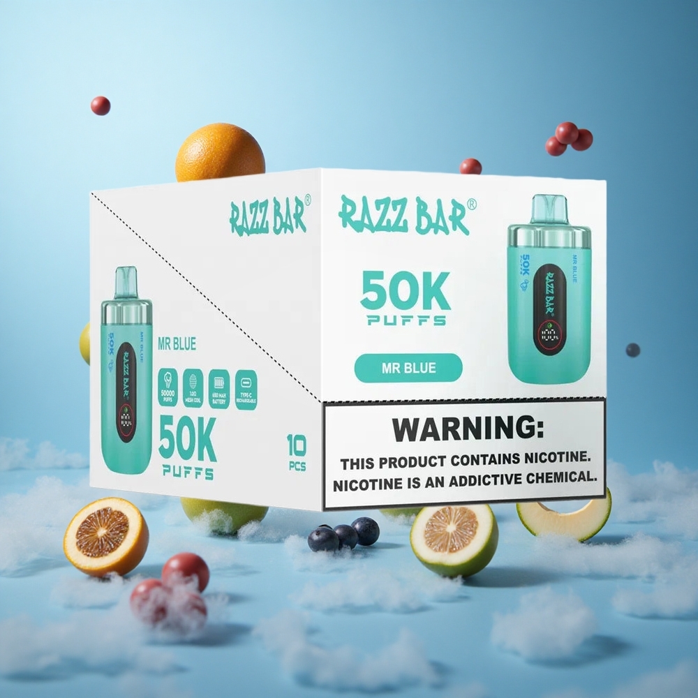 Razz Bar 50K Puffs Disposable Vape Mr Blue 1.0 Ohm Mesh 650mAh Type-C
