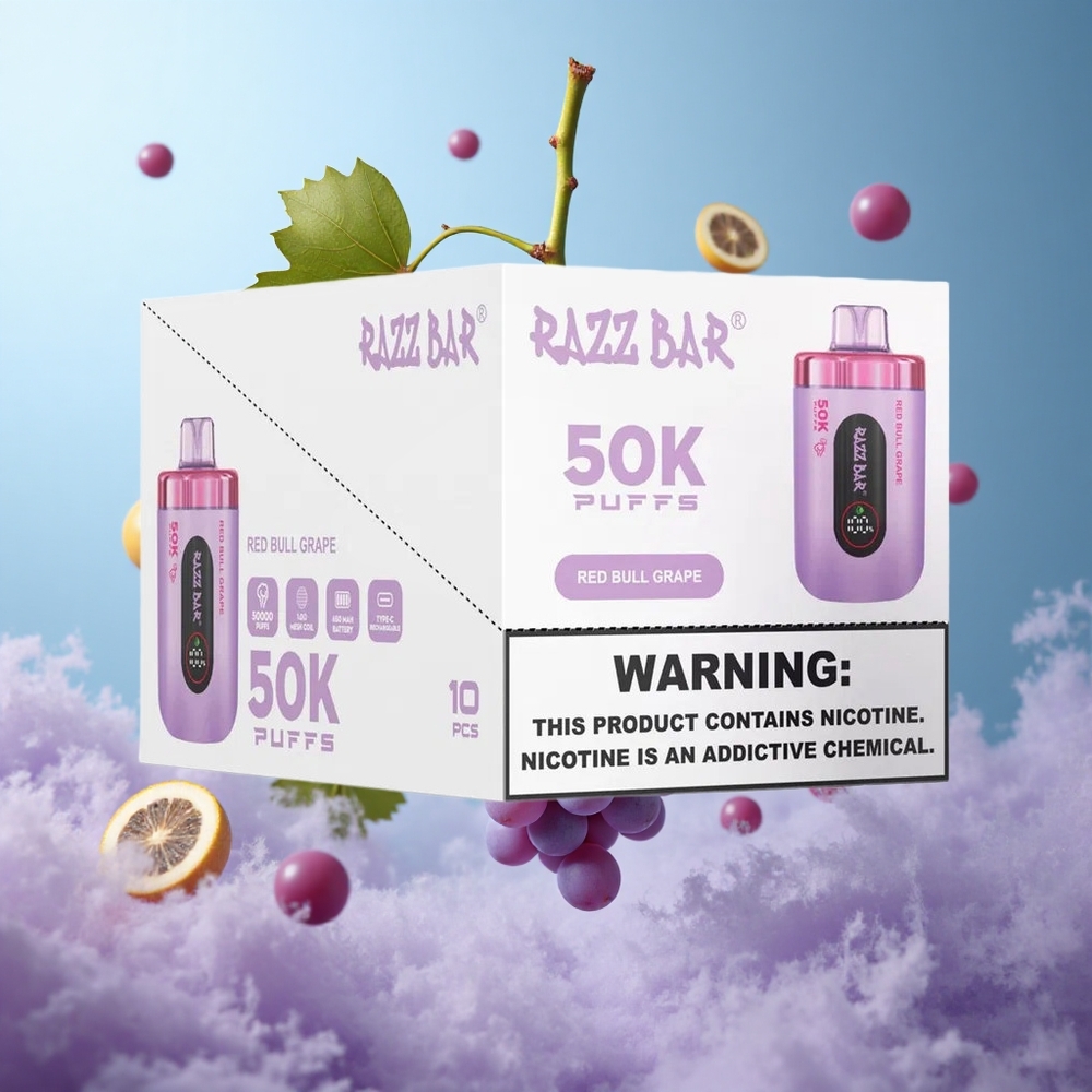 Razz Bar 50K Puffs Disposable Vape Red Bull Grape 50000 Puffs 1.0 Ohm Mesh Coil 650 Mah Type-C Rechargeable 2% Nicotine